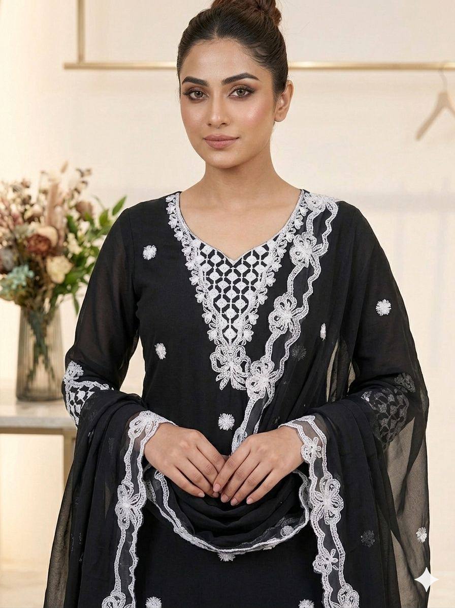 Black Georgette Sequin Kurta Palazzo Set, view 3