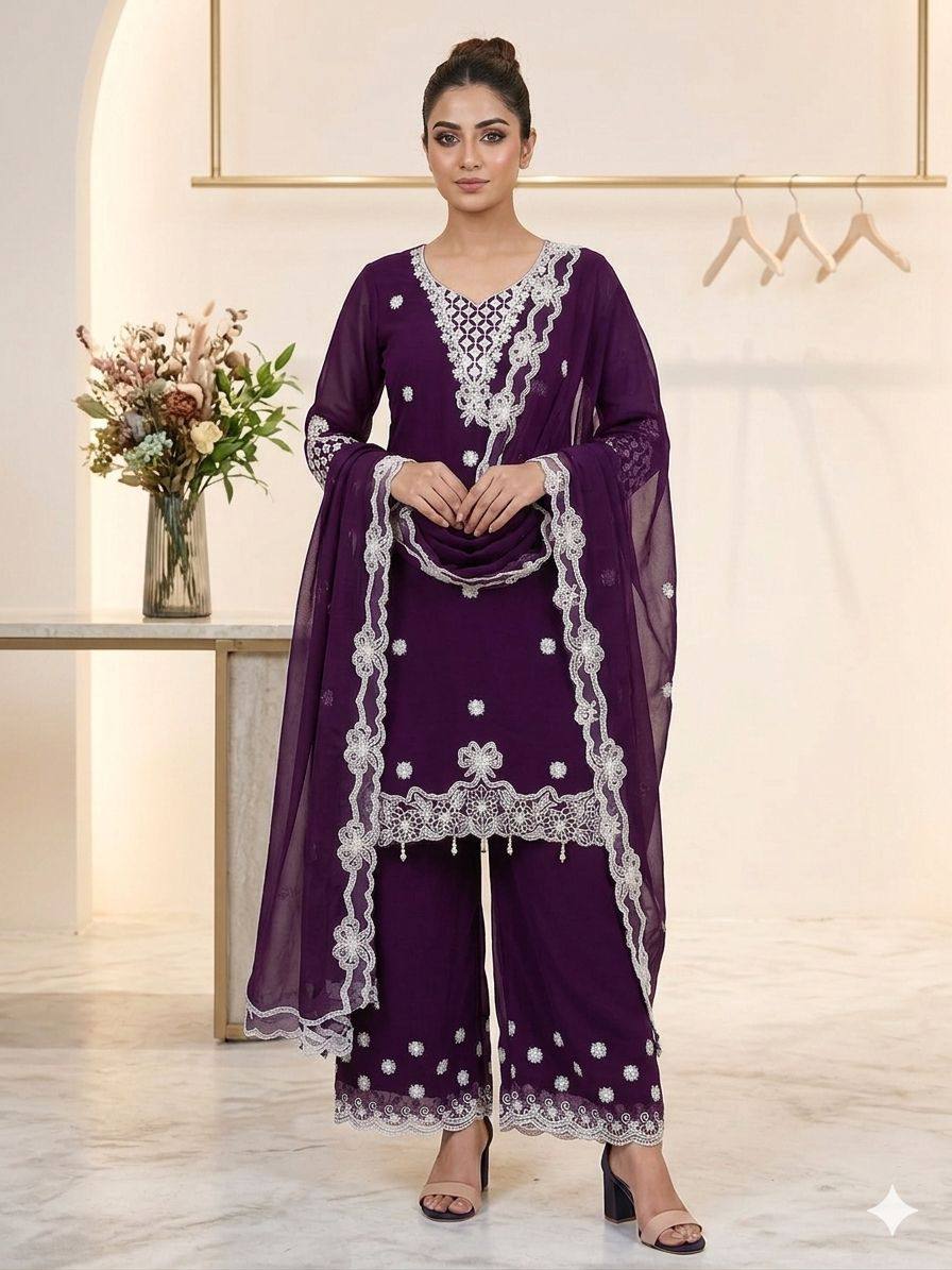 Wine Georgette Sequin Kurta Palazzo Set