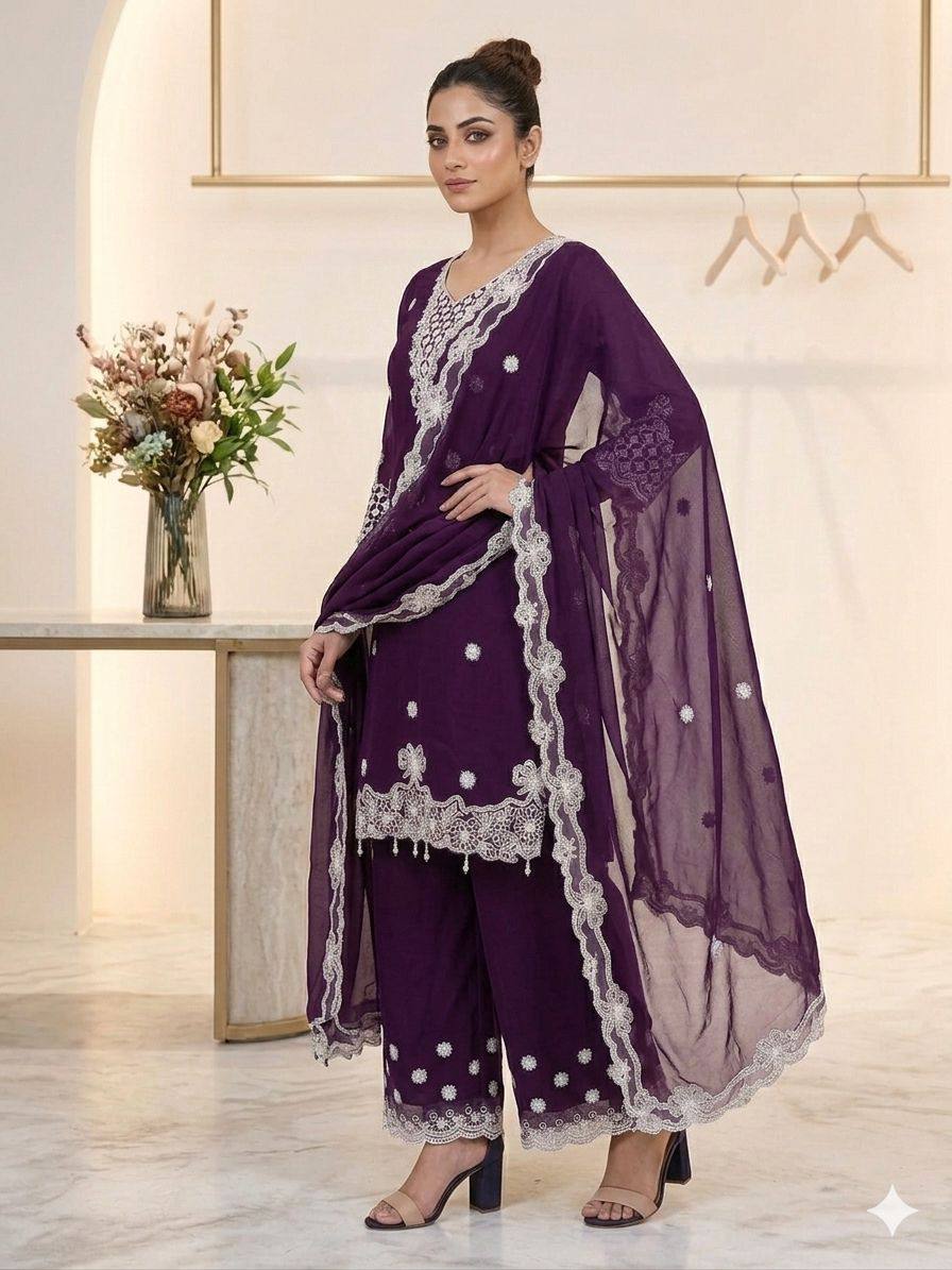 Wine Georgette Sequin Kurta Palazzo Set, view 2