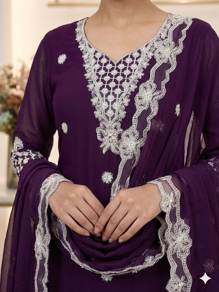 Wine Georgette Sequin Kurta Palazzo Set, view 3