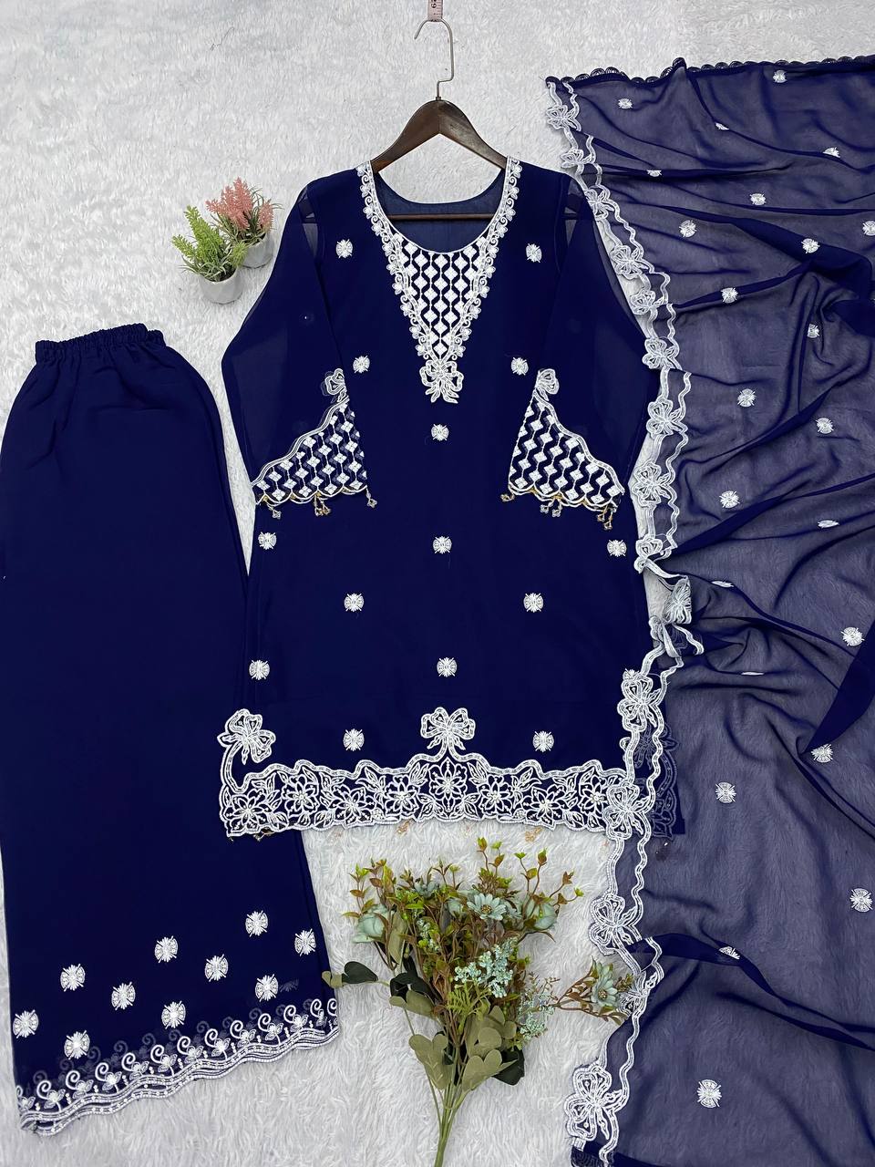 Navy Blue Georgette Sequin Kurta Palazzo Set, view 4