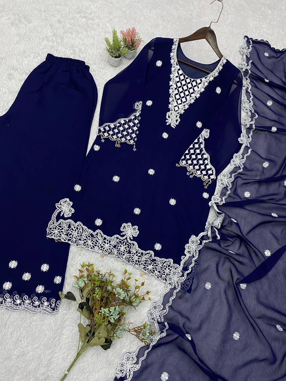 Navy Blue Georgette Sequin Kurta Palazzo Set, view 5