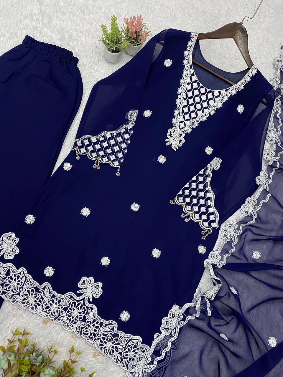 Navy Blue Georgette Sequin Kurta Palazzo Set, view 6