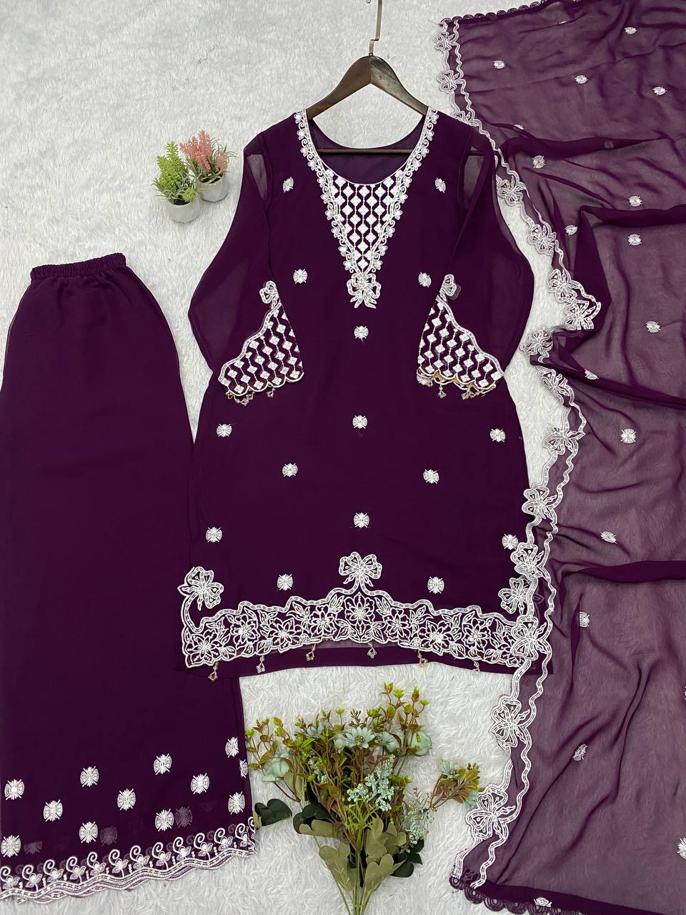 Wine Georgette Sequin Kurta Palazzo Set, view 4