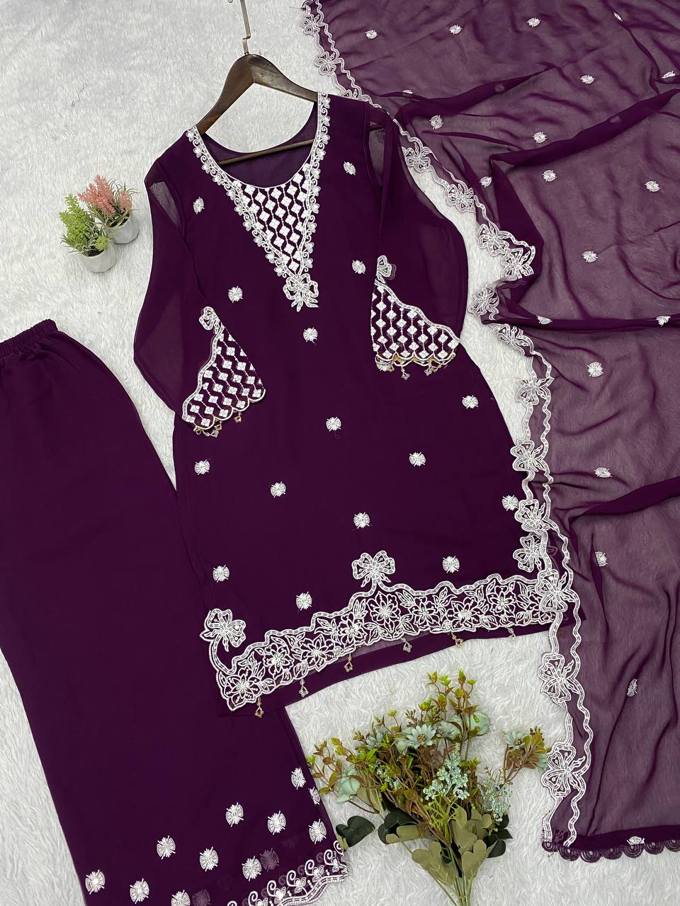 Wine Georgette Sequin Kurta Palazzo Set, view 5