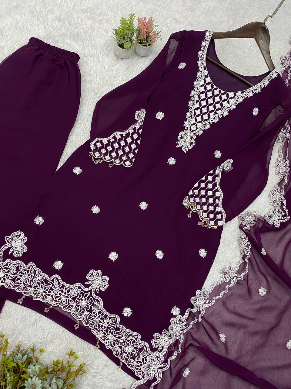 Wine Georgette Sequin Kurta Palazzo Set, view 6