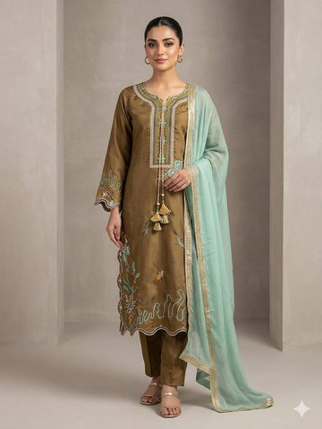 Mehendi Green Glass Roman Silk Embroidered Kurta Pant Set