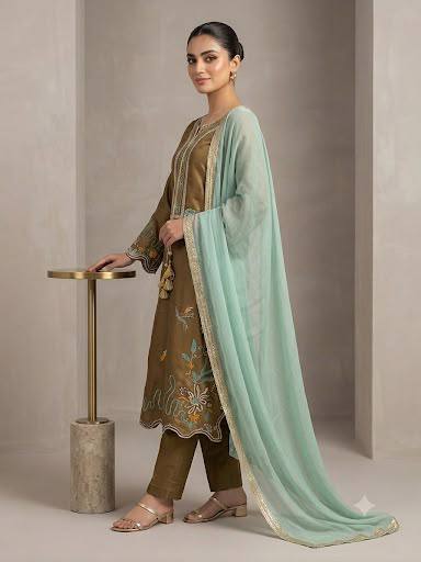Mehendi Green Glass Roman Silk Embroidered Kurta Pant Set, view 2
