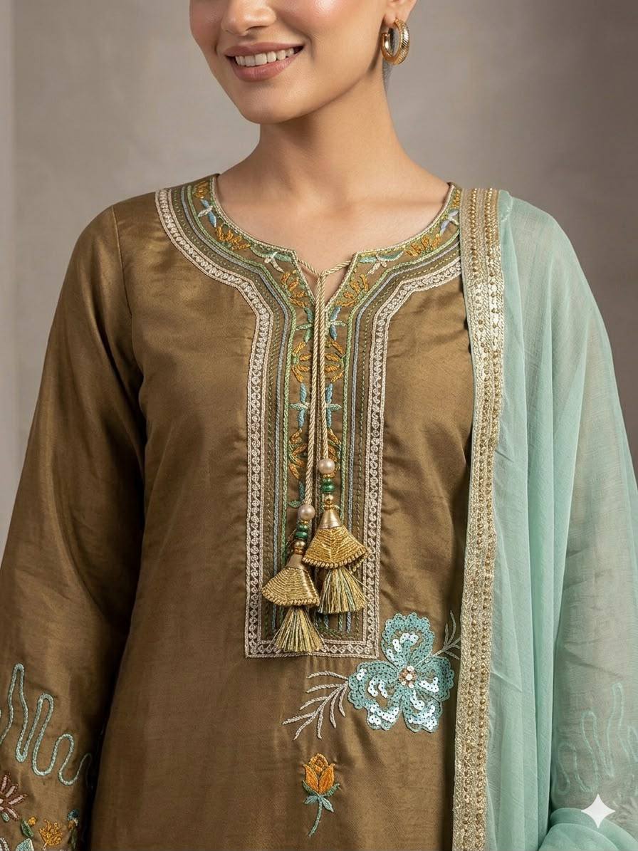 Mehendi Green Glass Roman Silk Embroidered Kurta Pant Set, view 3