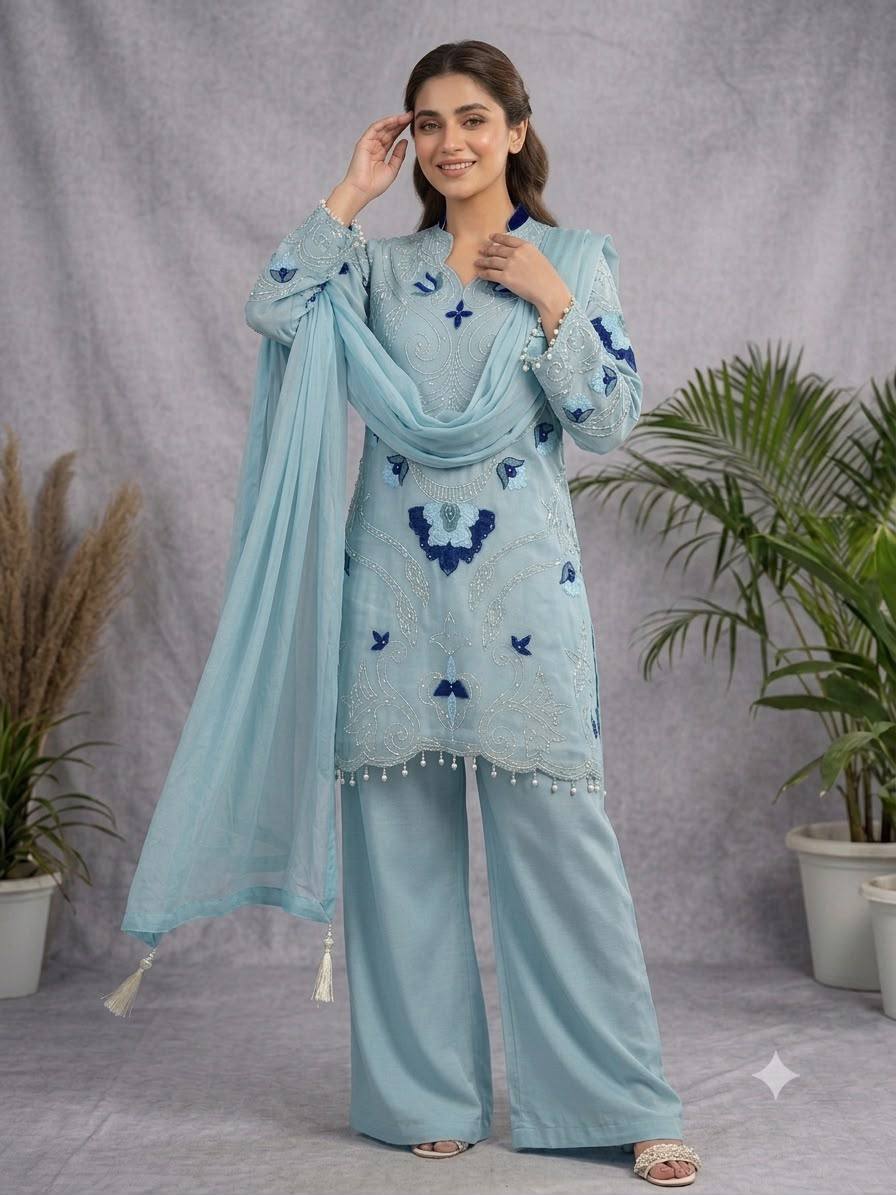 Sky Blue Organza Embroidered Kurta Palazzo Set