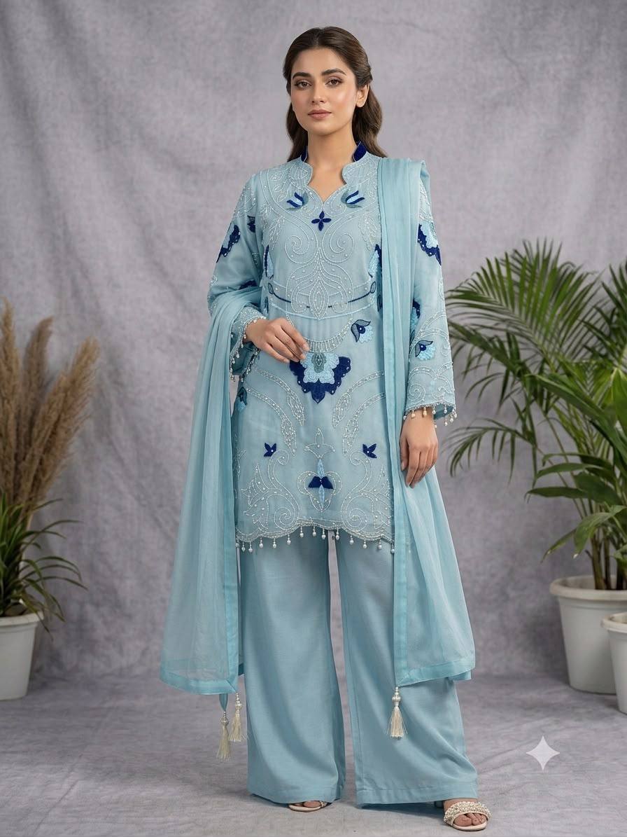 Sky Blue Organza Embroidered Kurta Palazzo Set, view 2