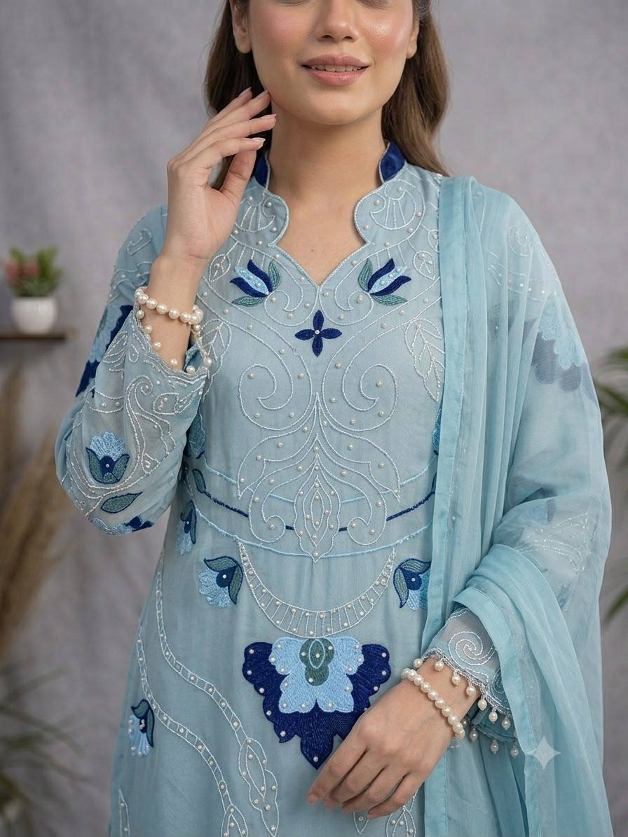 Sky Blue Organza Embroidered Kurta Palazzo Set, view 3