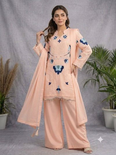 Peach Organza Embroidered Kurta Palazzo Set