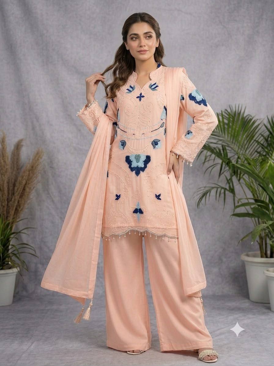 Peach Organza Embroidered Kurta Palazzo Set