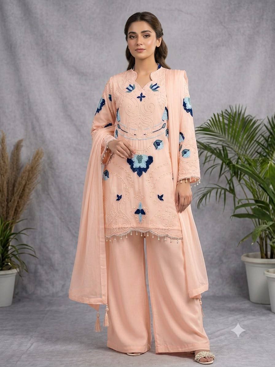 Peach Organza Embroidered Kurta Palazzo Set, view 2