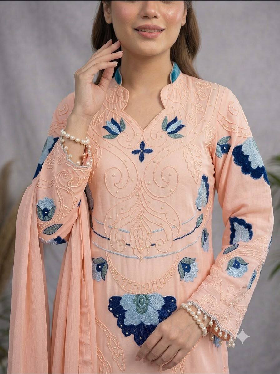 Peach Organza Embroidered Kurta Palazzo Set, view 3