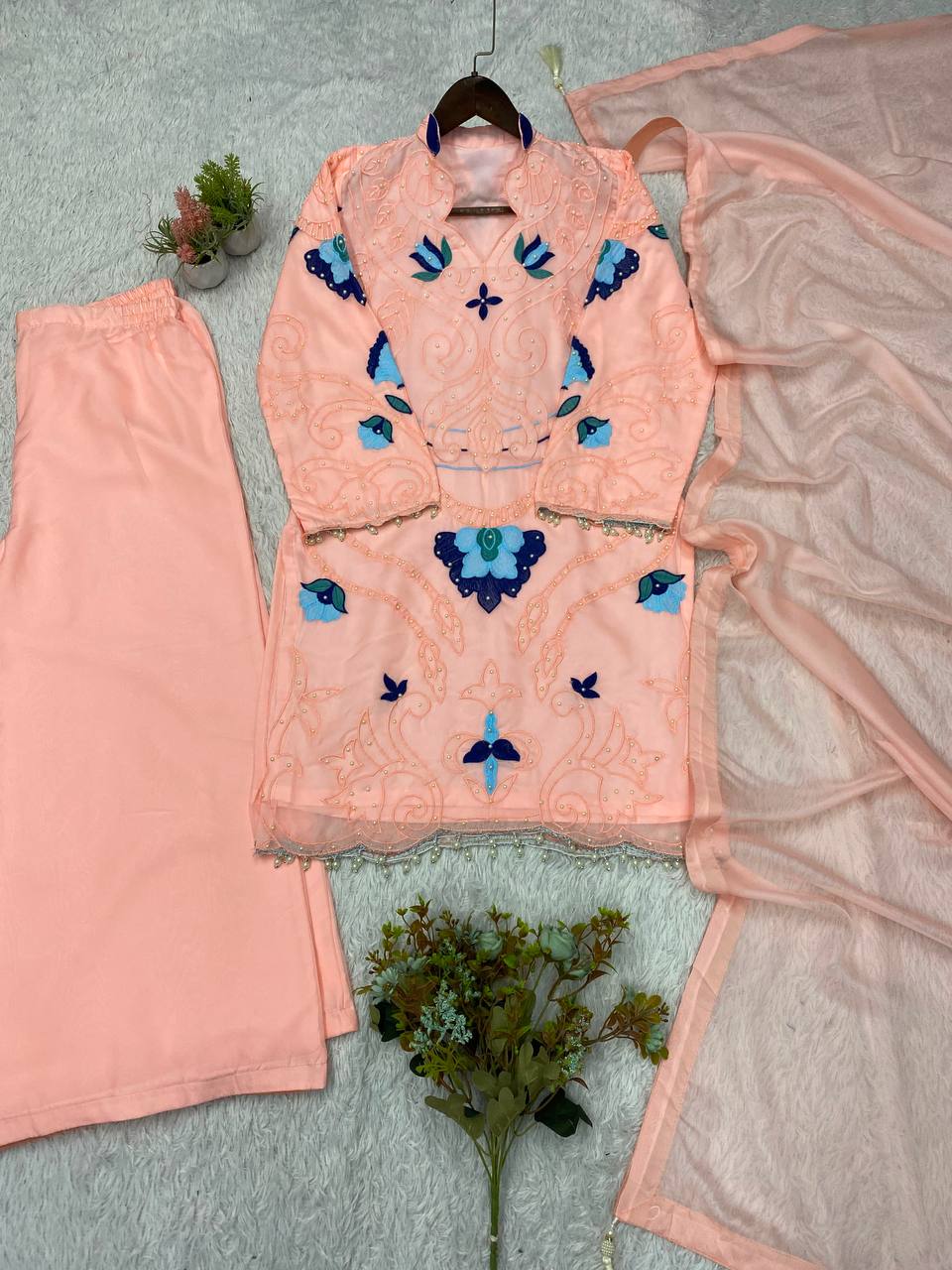 Peach Organza Embroidered Kurta Palazzo Set, view 4