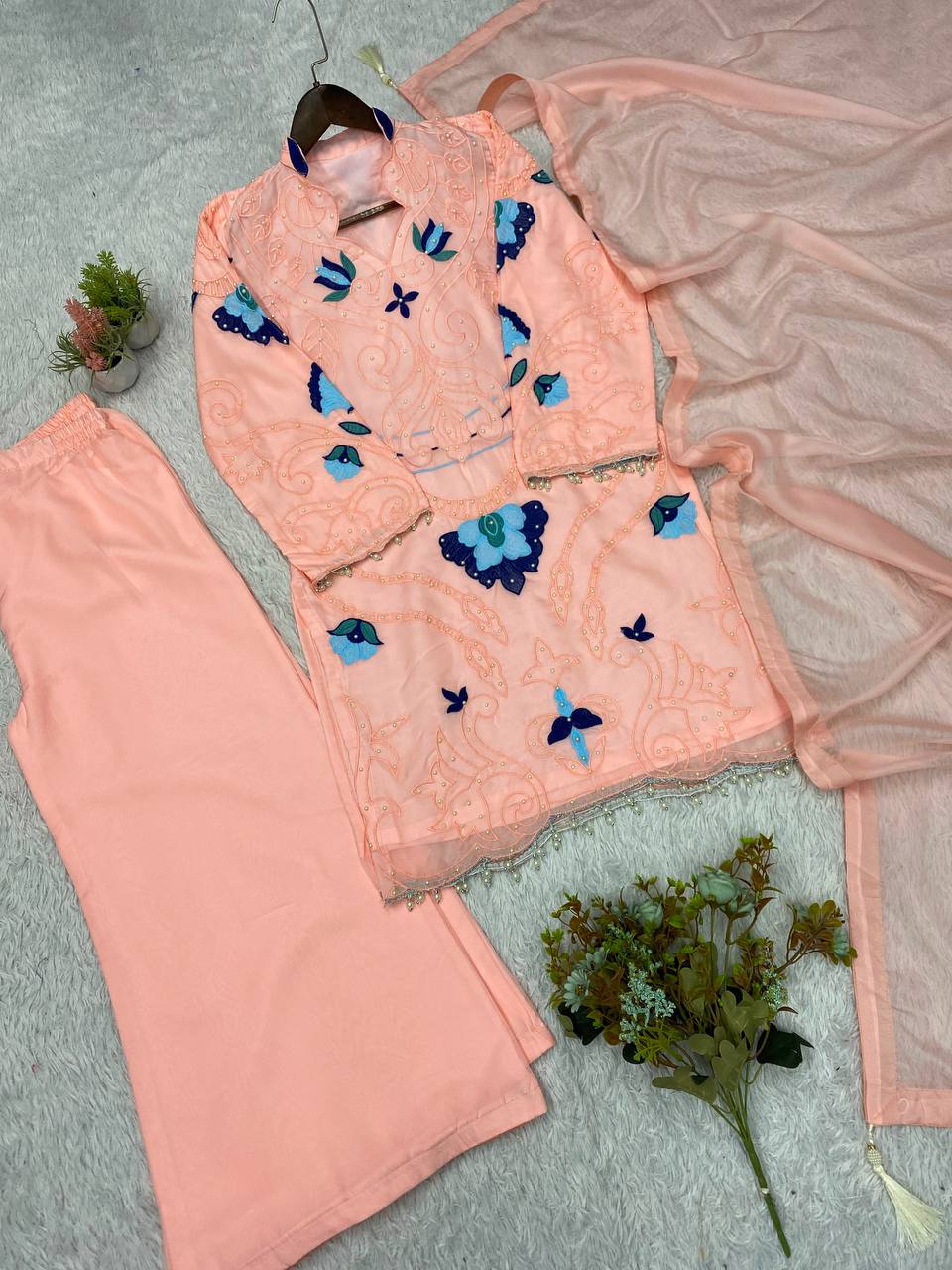 Peach Organza Embroidered Kurta Palazzo Set, view 5