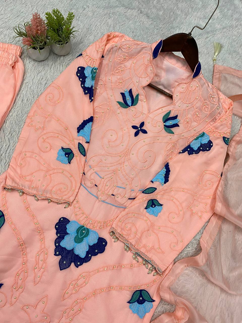 Peach Organza Embroidered Kurta Palazzo Set, view 6