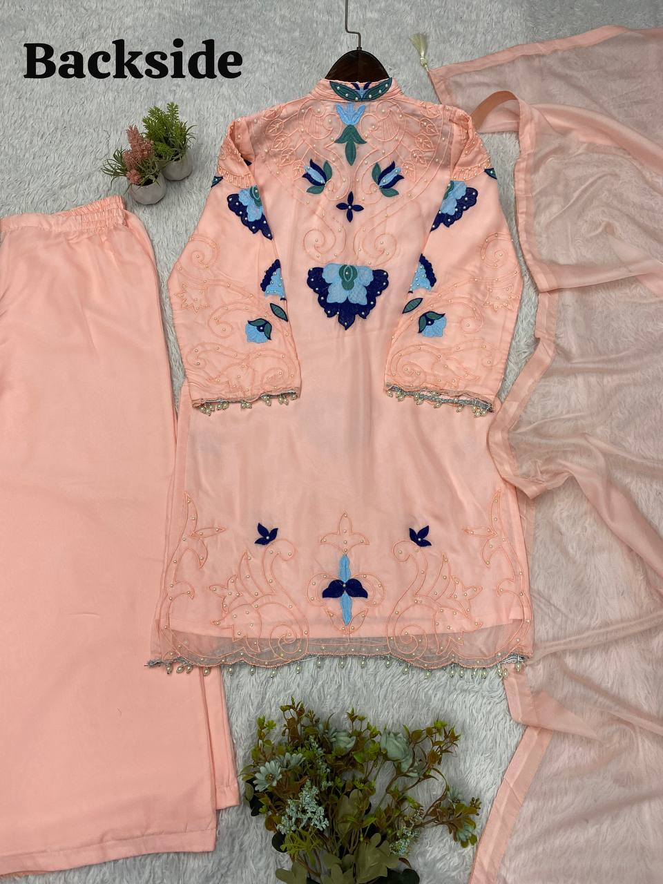 Peach Organza Embroidered Kurta Palazzo Set, view 7