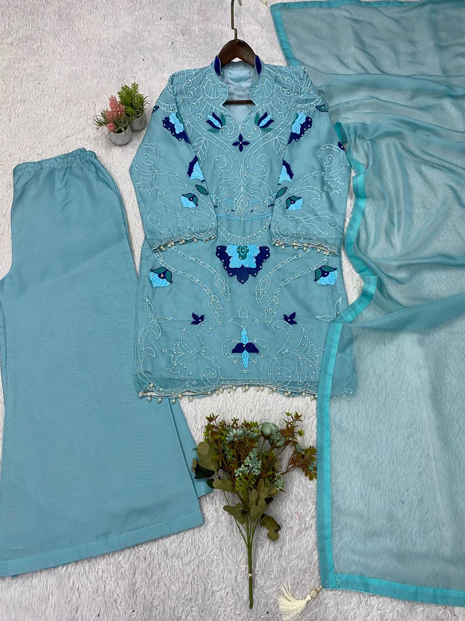 Sky Blue Organza Embroidered Kurta Palazzo Set, view 4