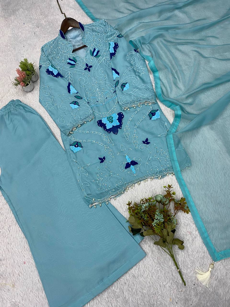Sky Blue Organza Embroidered Kurta Palazzo Set, view 5