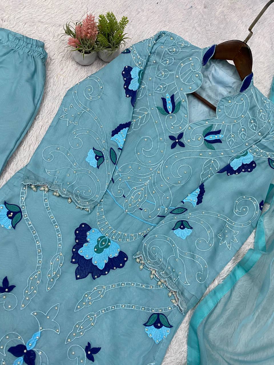 Sky Blue Organza Embroidered Kurta Palazzo Set, view 6