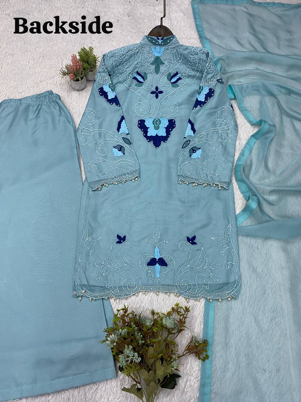 Sky Blue Organza Embroidered Kurta Palazzo Set, view 7