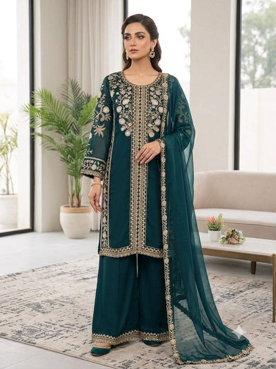 Teal Blue Roman Silk Sequin Kurta Palazzo Set