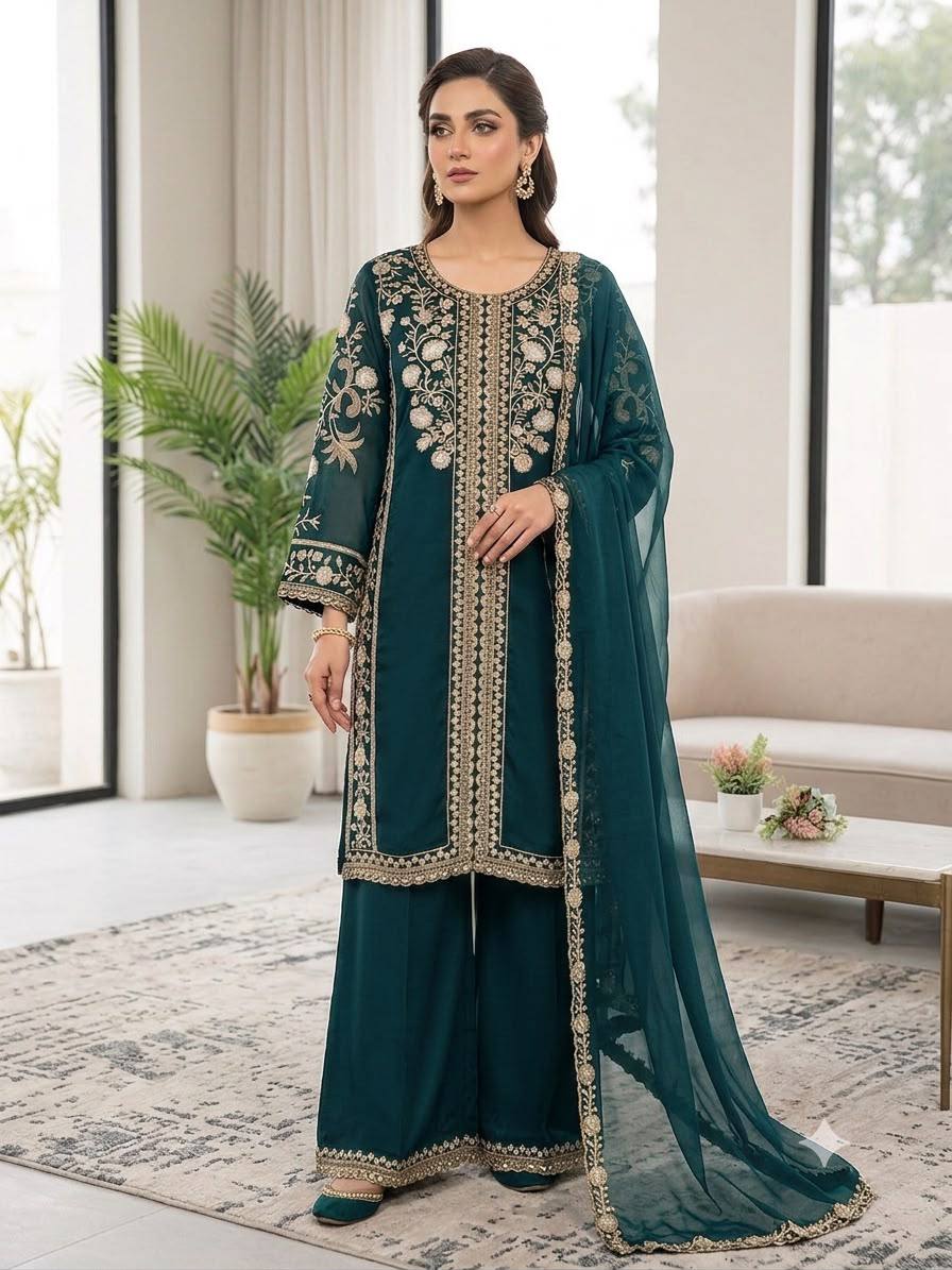 Teal Blue Roman Silk Sequin Kurta Palazzo Set