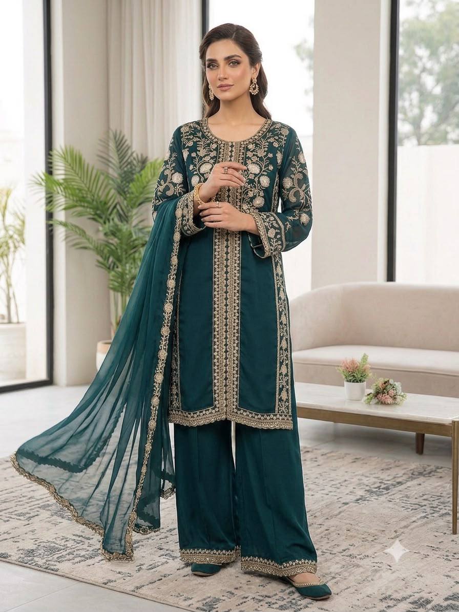 Teal Blue Roman Silk Sequin Kurta Palazzo Set, view 2