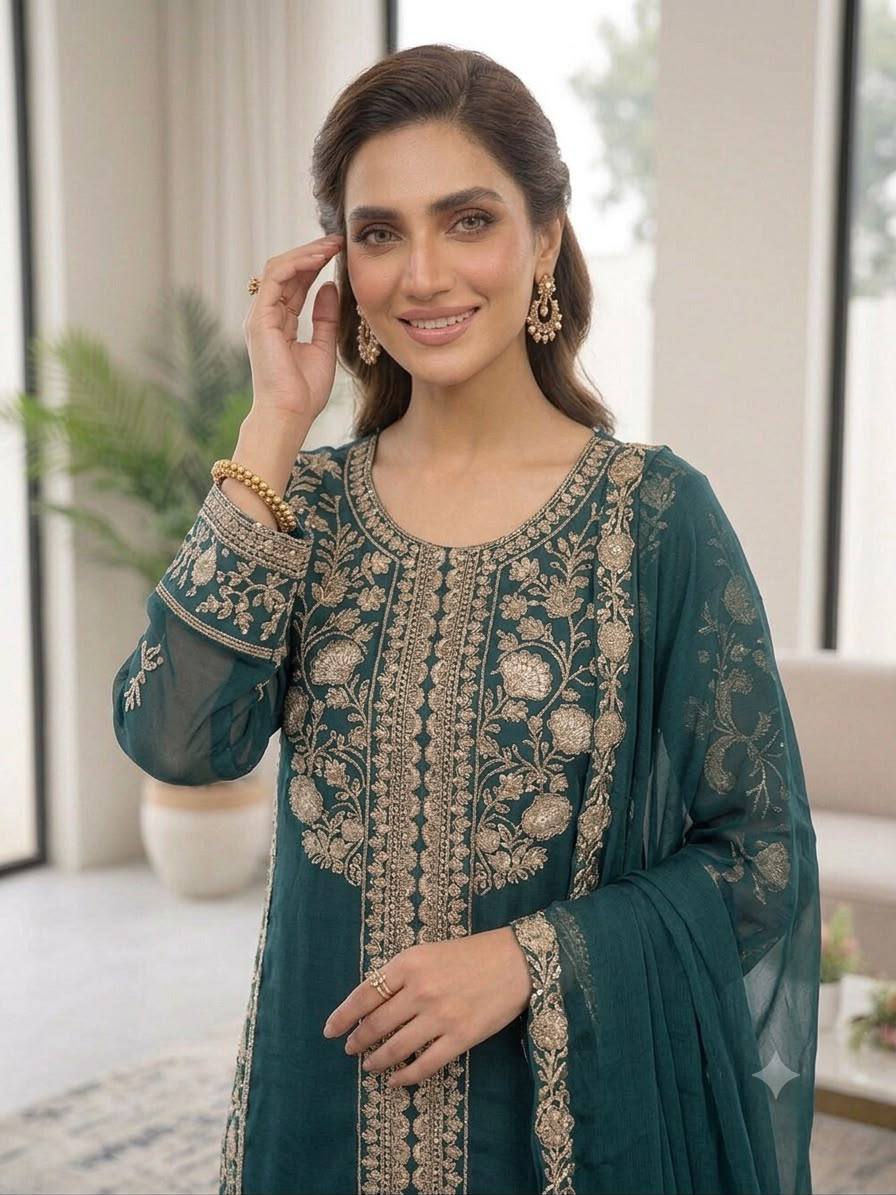 Teal Blue Roman Silk Sequin Kurta Palazzo Set, view 3