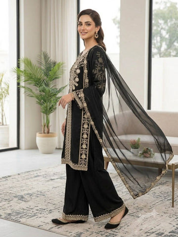 Black Roman Silk Sequin Kurta Palazzo Set