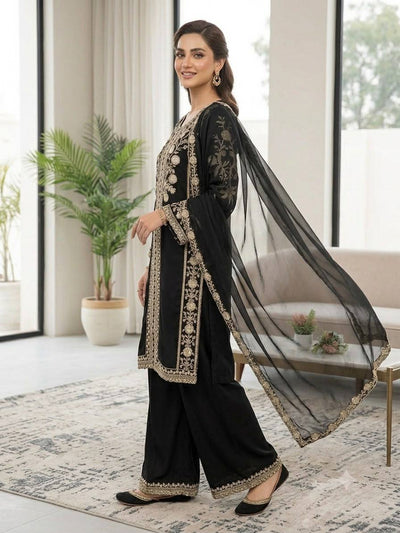 Black Roman Silk Sequin Kurta Palazzo Set
