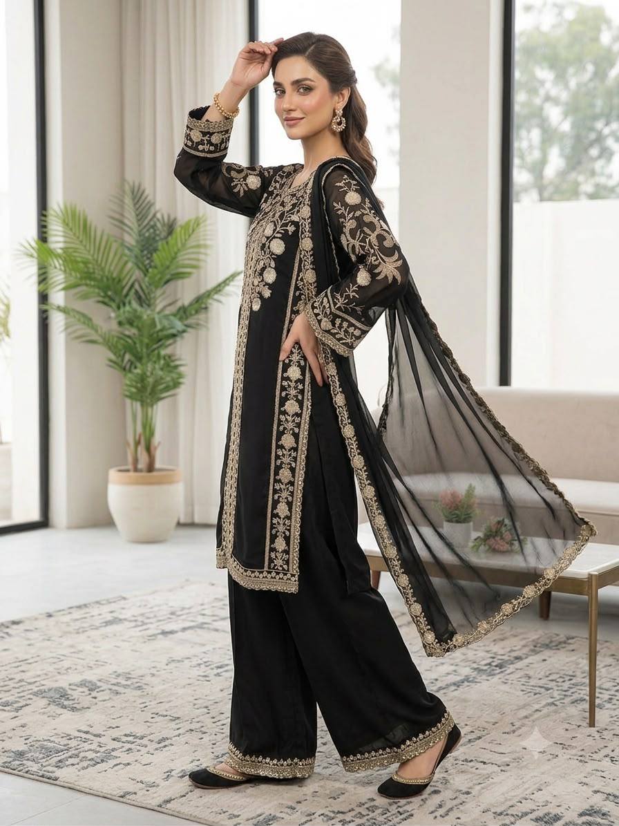 Black Roman Silk Sequin Kurta Palazzo Set, view 2
