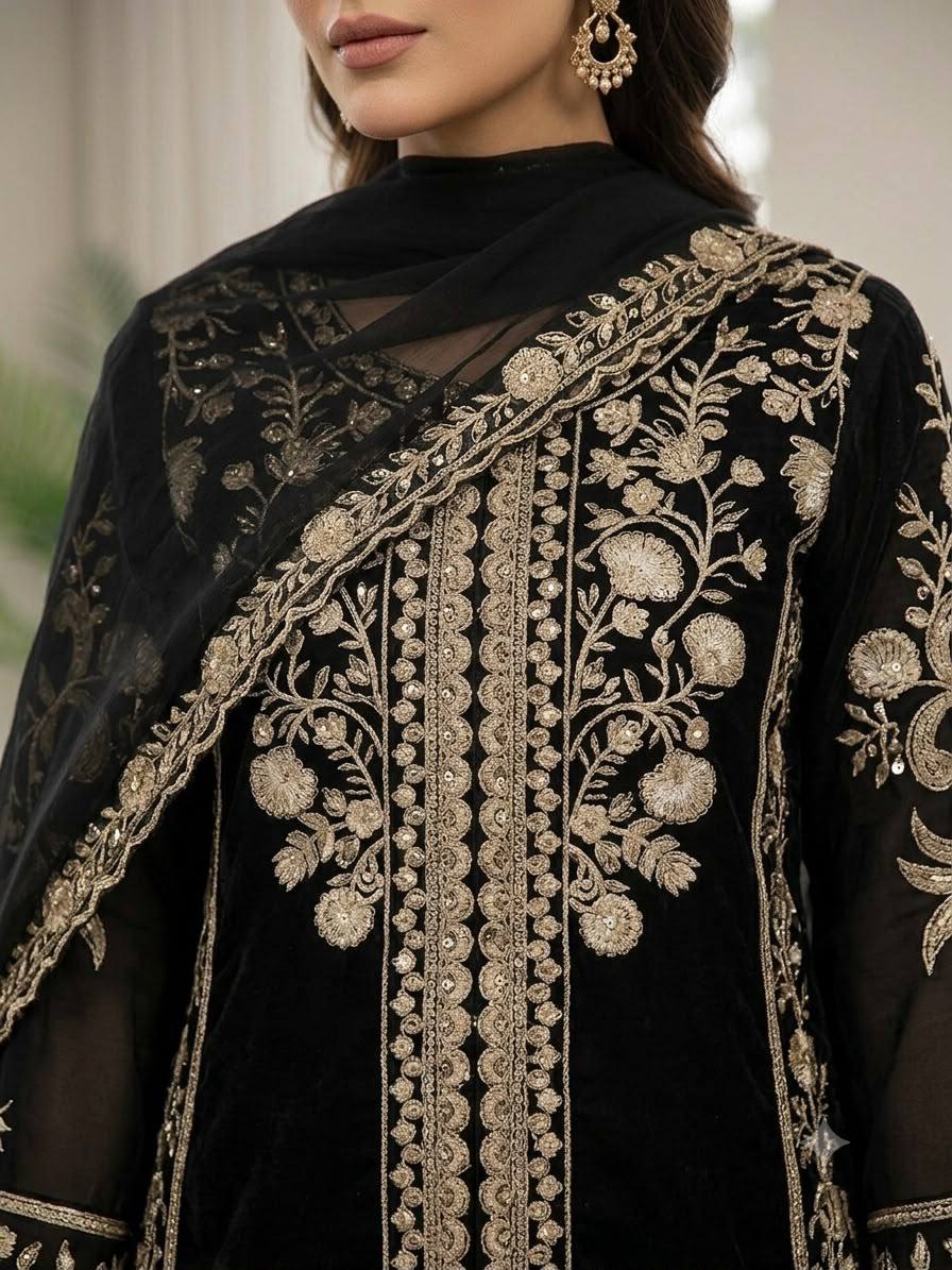 Black Roman Silk Sequin Kurta Palazzo Set, view 3