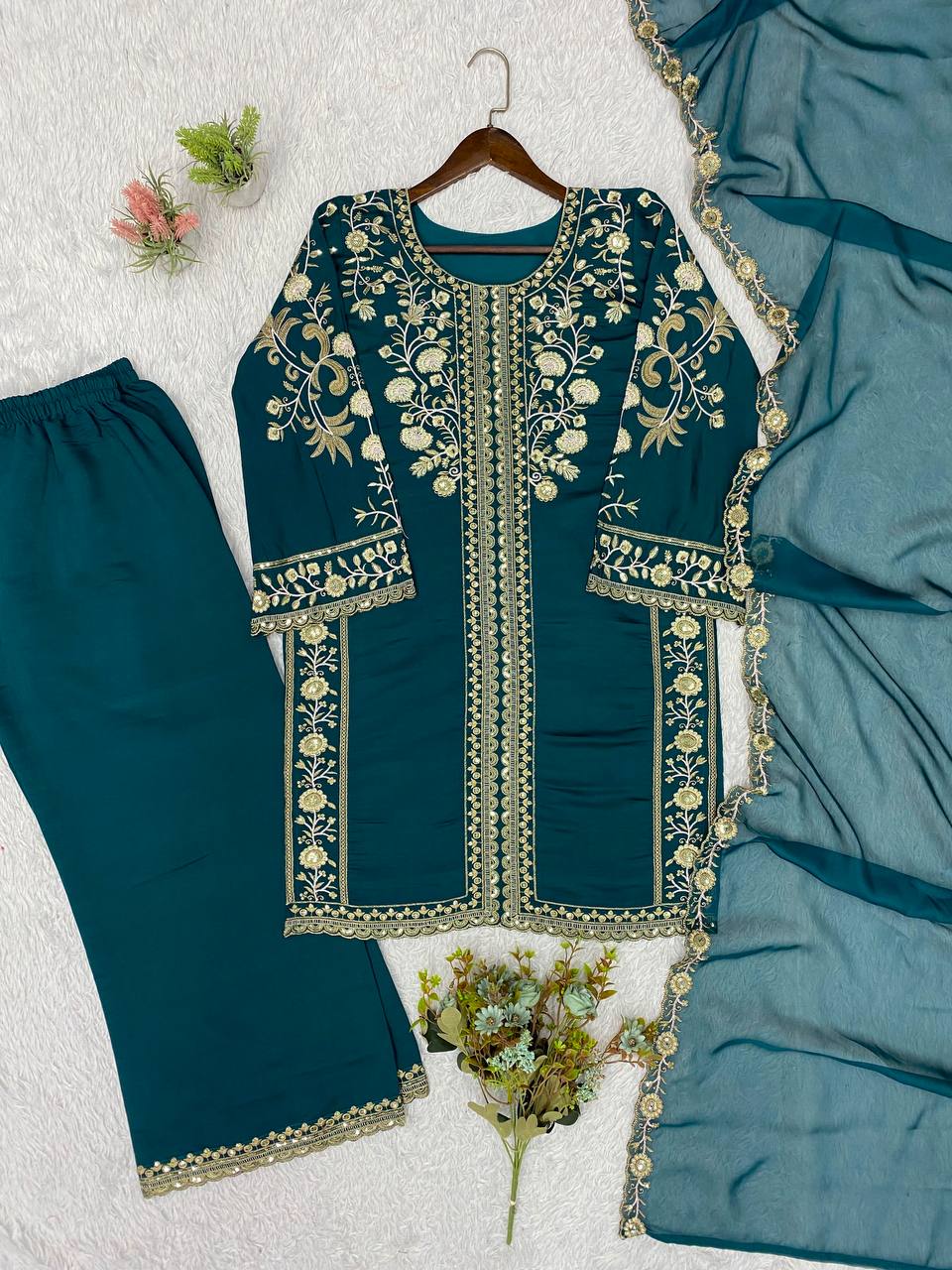 Teal Blue Roman Silk Sequin Kurta Palazzo Set, view 4
