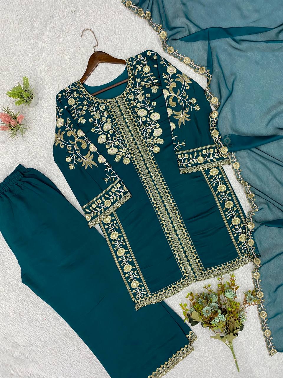 Teal Blue Roman Silk Sequin Kurta Palazzo Set, view 5