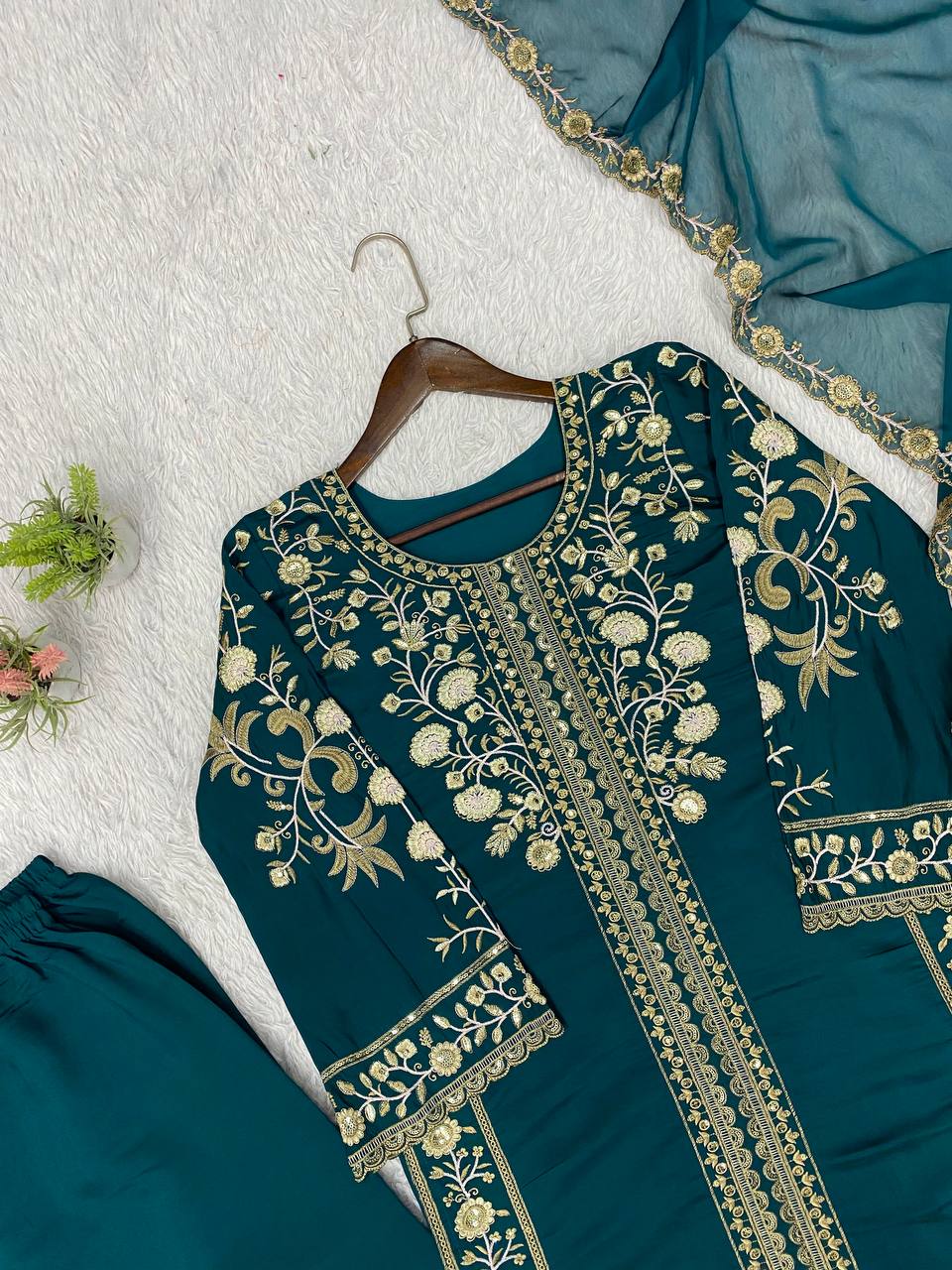 Teal Blue Roman Silk Sequin Kurta Palazzo Set, view 6