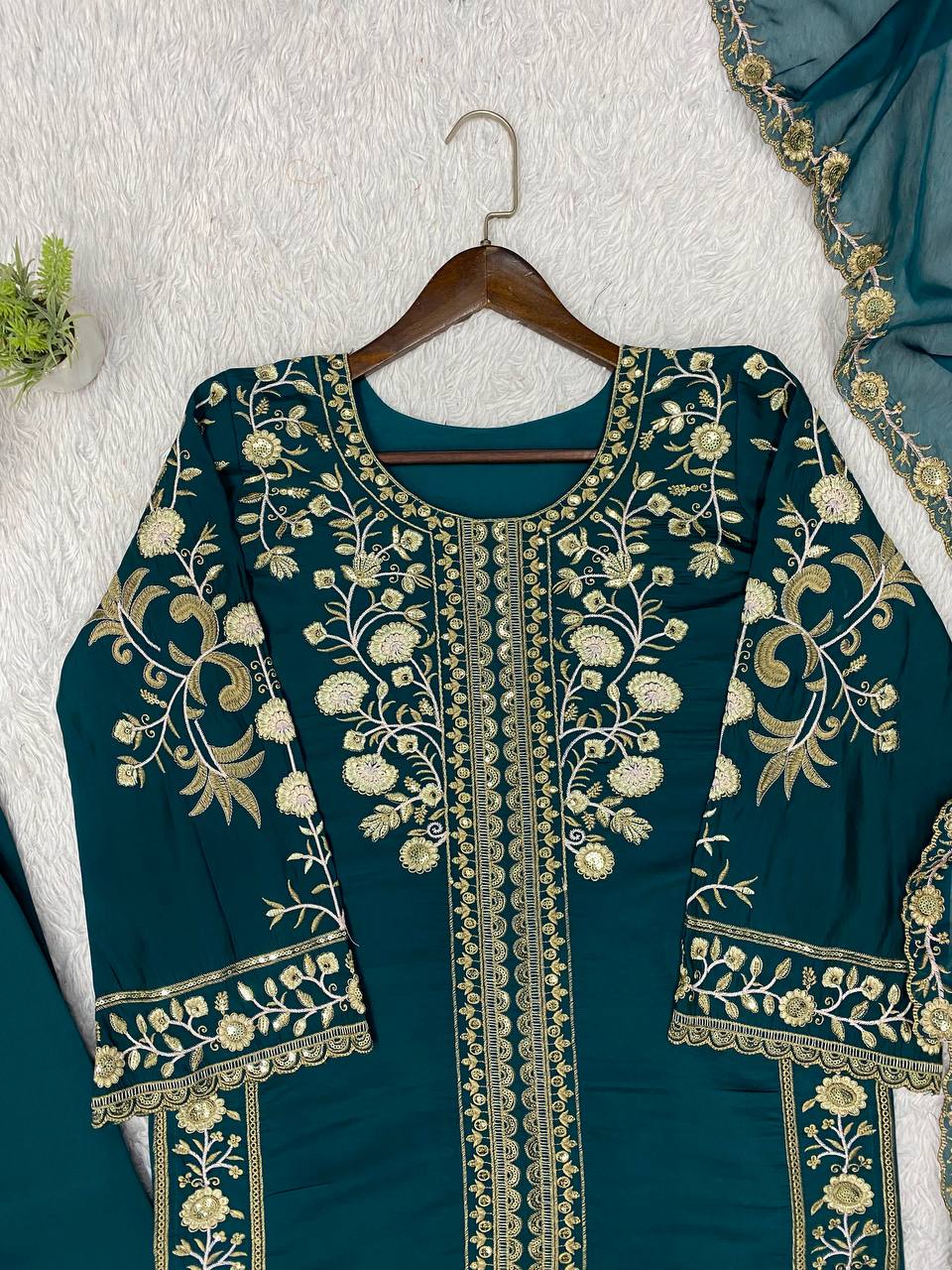Teal Blue Roman Silk Sequin Kurta Palazzo Set, view 7