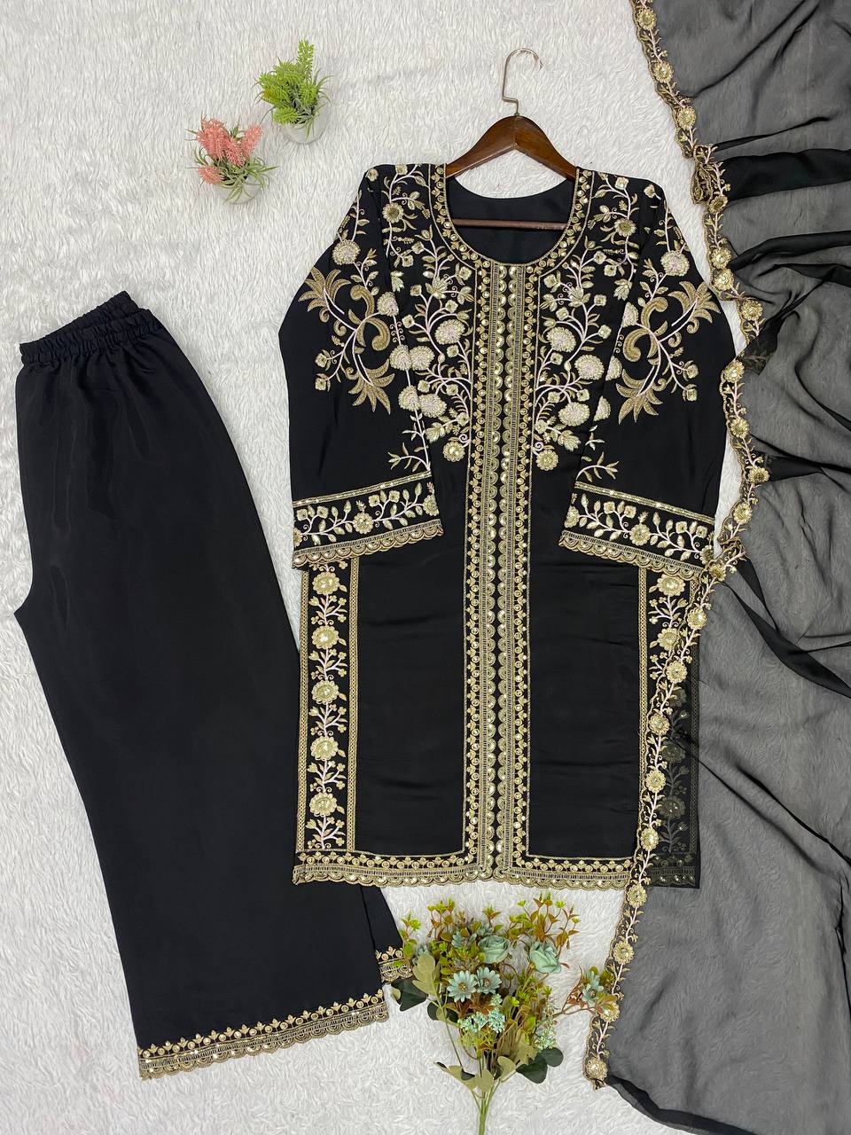 Black Roman Silk Sequin Kurta Palazzo Set, view 4