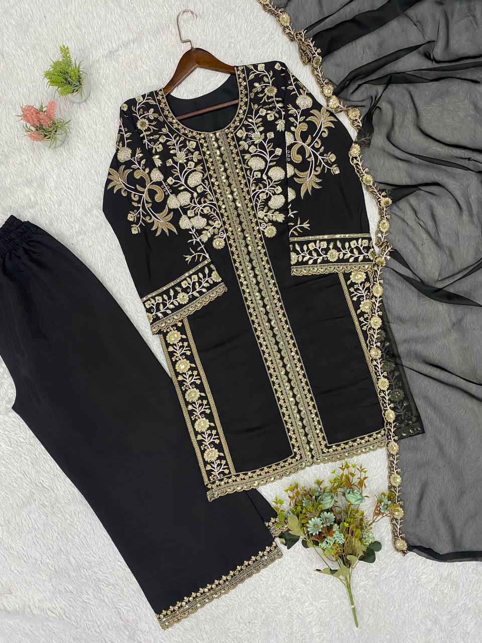 Black Roman Silk Sequin Kurta Palazzo Set, view 5