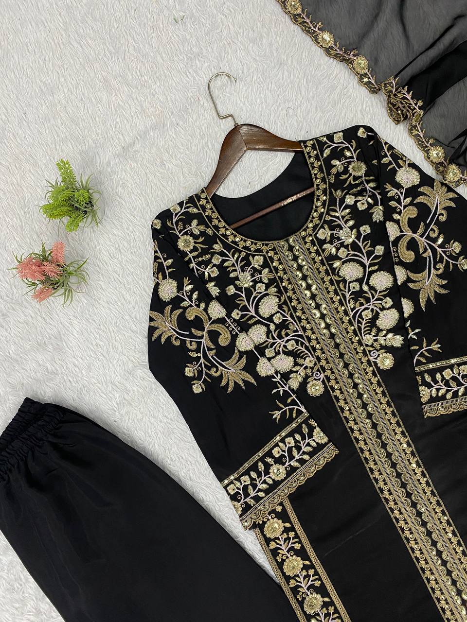 Black Roman Silk Sequin Kurta Palazzo Set, view 6