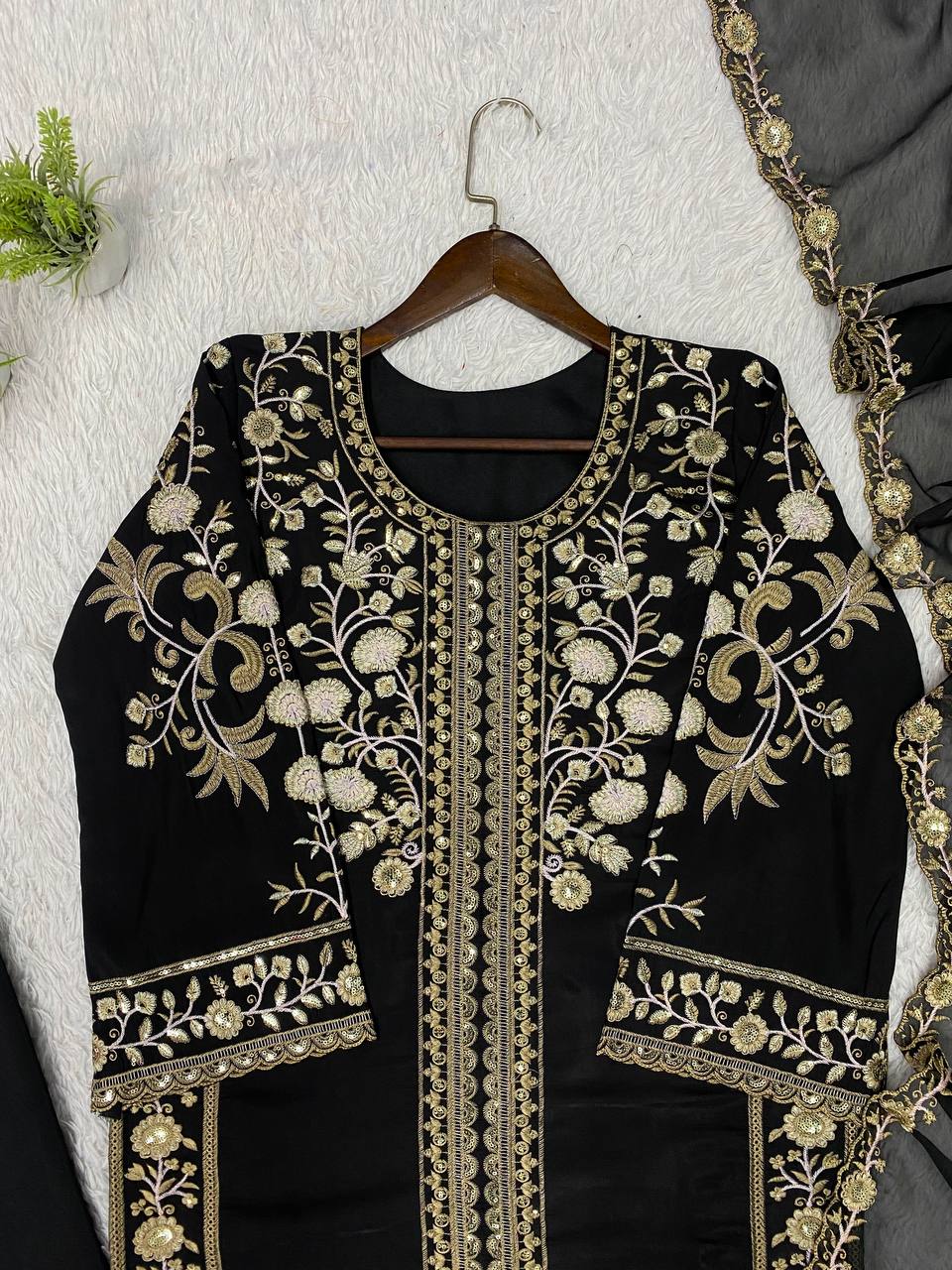 Black Roman Silk Sequin Kurta Palazzo Set, view 7