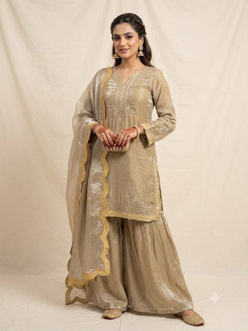 Beige Gold Fendy Silk Sequin Kurta Palazzo Set