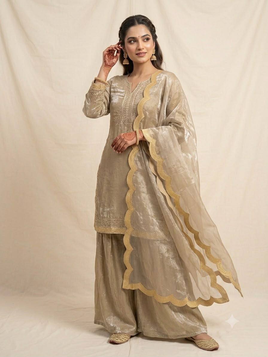 Beige Gold Fendy Silk Sequin Kurta Palazzo Set, view 2