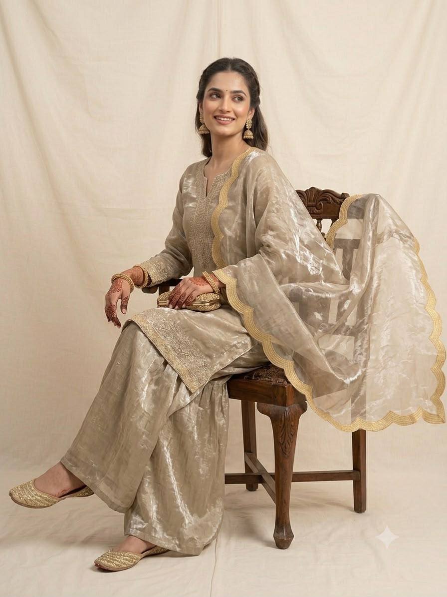 Beige Gold Fendy Silk Sequin Kurta Palazzo Set, view 3