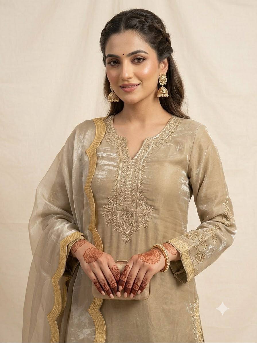 Beige Gold Fendy Silk Sequin Kurta Palazzo Set, view 4