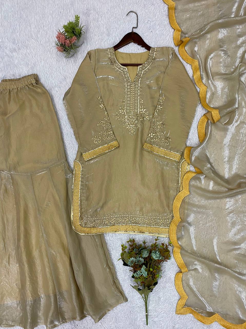 Beige Gold Fendy Silk Sequin Kurta Palazzo Set, view 5