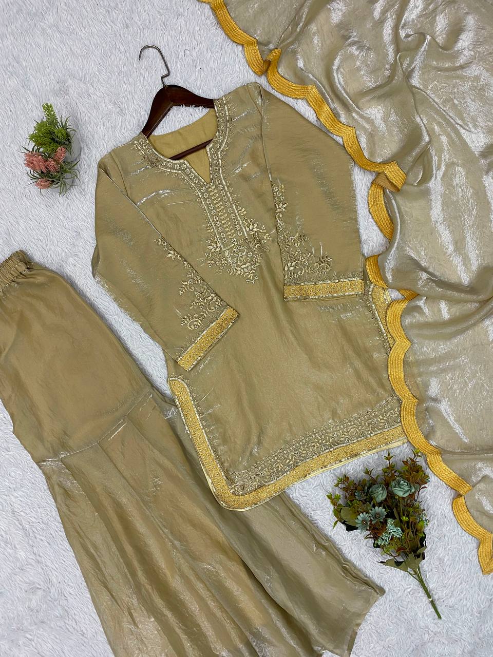 Beige Gold Fendy Silk Sequin Kurta Palazzo Set, view 6